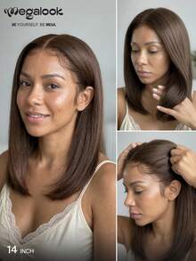 MEGALOOK 13x6 三股™蕾丝前置真人发假发，巧克力棕色，无胶直发波波头假发，带抽绳，200%密度，预漂白发结，自然拔毛发际线，双层拉直真人发，女士直发波波头假发 - S4 - 查看 3