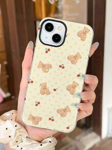 1pc Korean Retro Cream Bear & Cherry Polka Dot Pattern Glossy 2-In-1 Filmstrip Phone Case, Fit Compatible With Samsung/ 11/12/13/14/15/16/17 Pro Max - Multicolor - View 1