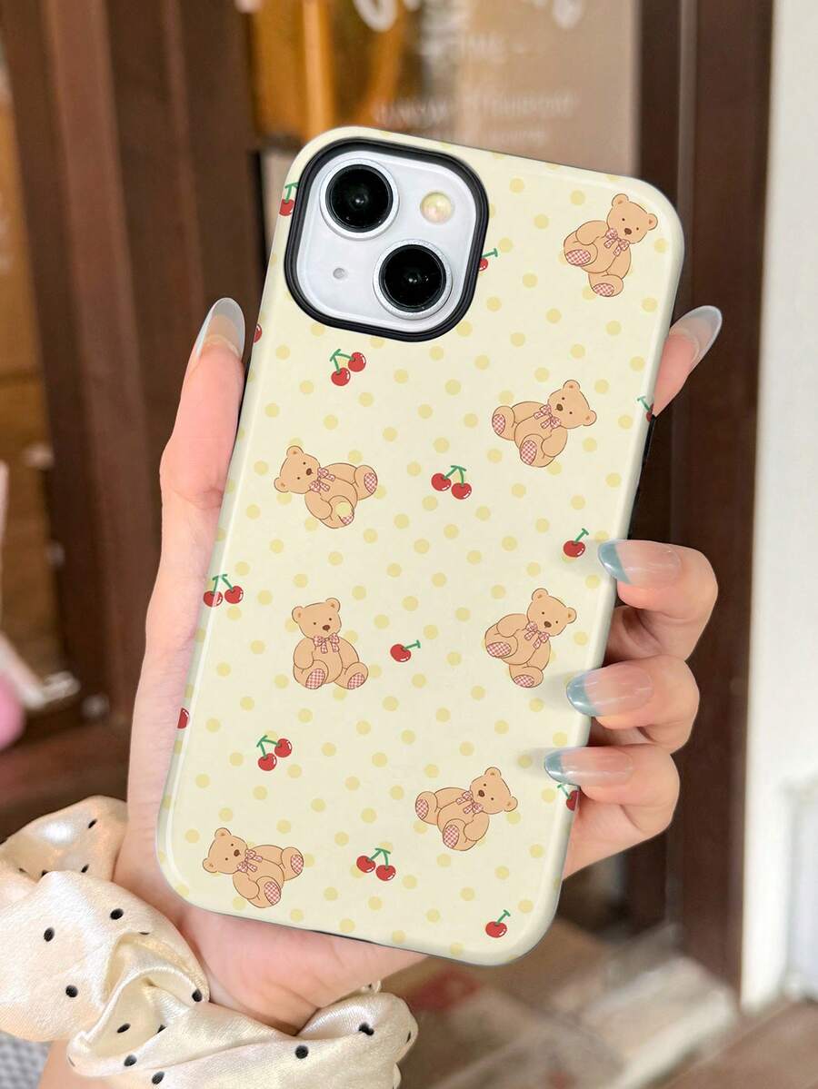 1pc Korean Retro Cream Bear & Cherry Polka Dot Pattern Glossy 2-In-1 Filmstrip Phone Case, Fit Compatible With Samsung/ 11/12/13/14/15/16/17 Pro Max - Multicolor - View 1