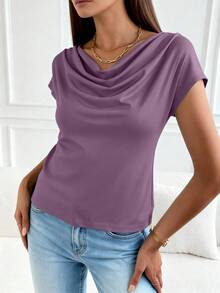 PRETTYGARDEN Women's Summer Clothes Tops Dressy Casual Clothing Cowl Neck Short Sleeve Blouses Business Work Office Shirts  Tops For Women - 紫色 - 查看 3