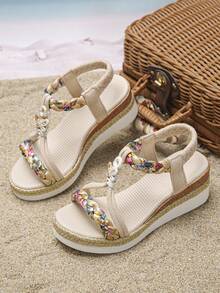1 Pair Summer Girls' Casual Slip-On Wedge Sandals, Comfortable Non-Slip Platform Sandals Suitable For Daily Wear And School - Beige - View 2