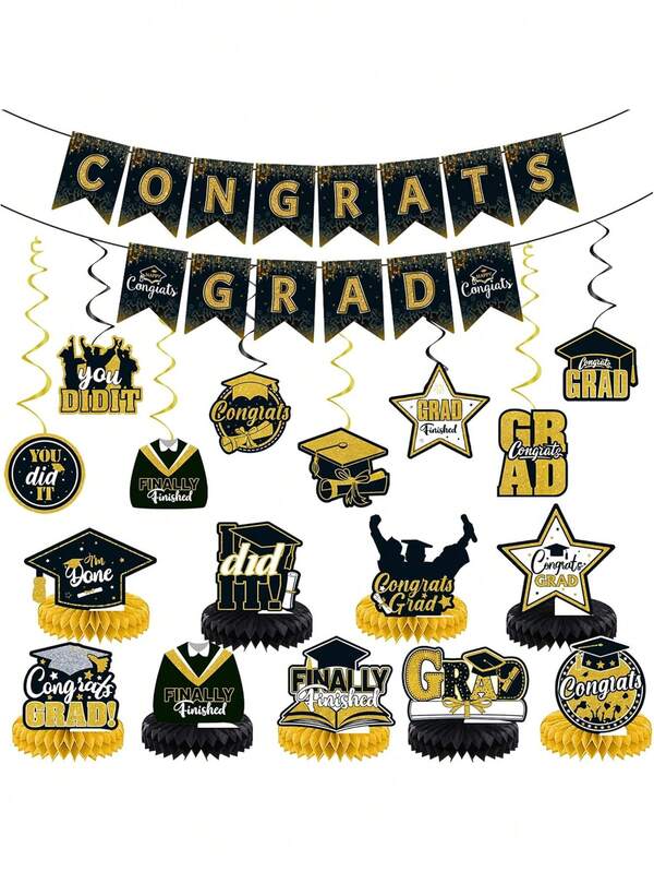 18pcs/1set-2026 Gold Themed Graduation Decorations Set,Include Glitter Graduation Banner Hanging Garland Congrats Grad Hanging Swirls Honeycomb Centerpieces , Congrats Grad Banner, Graduation Hanging Swirl And Honeycomb Supplies For Party, Perfect For High School & College Celebrations Indoor/Outdoor Decor
