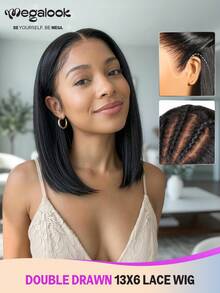 MEGALOOK 双拉直波浪波波头假发，真人发，13x6透明蕾丝假发，自然黑，无需胶水，三步即可佩戴，预剪漂白发结，拔毛发际线，100%真人发，双拉纬线制作，200%密度 - SNatural - 查看 2