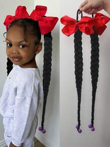 2件装儿童辫子假发，带蝴蝶结，末端带珠子，辫子马尾假发配饰，新款中国风马尾假发发片 - 黑色 - 查看 13