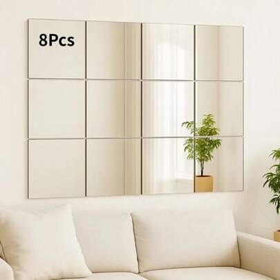 8片30x30厘米亚克力镜面墙贴，自粘式，无需钻孔，客厅卧室装饰镜面贴纸