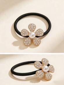 1个镶钻五瓣珍珠花发圈，高弹耐用，通勤和日常佩戴皆宜 - 彩色 - 查看 3