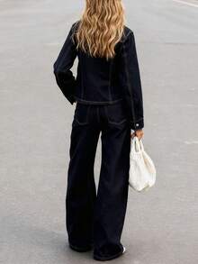 2pcs/Set Women's Casual Dark Washed Denim Top And Bottom Set, Fashionable European Style Spring - Dark Wash - View 10