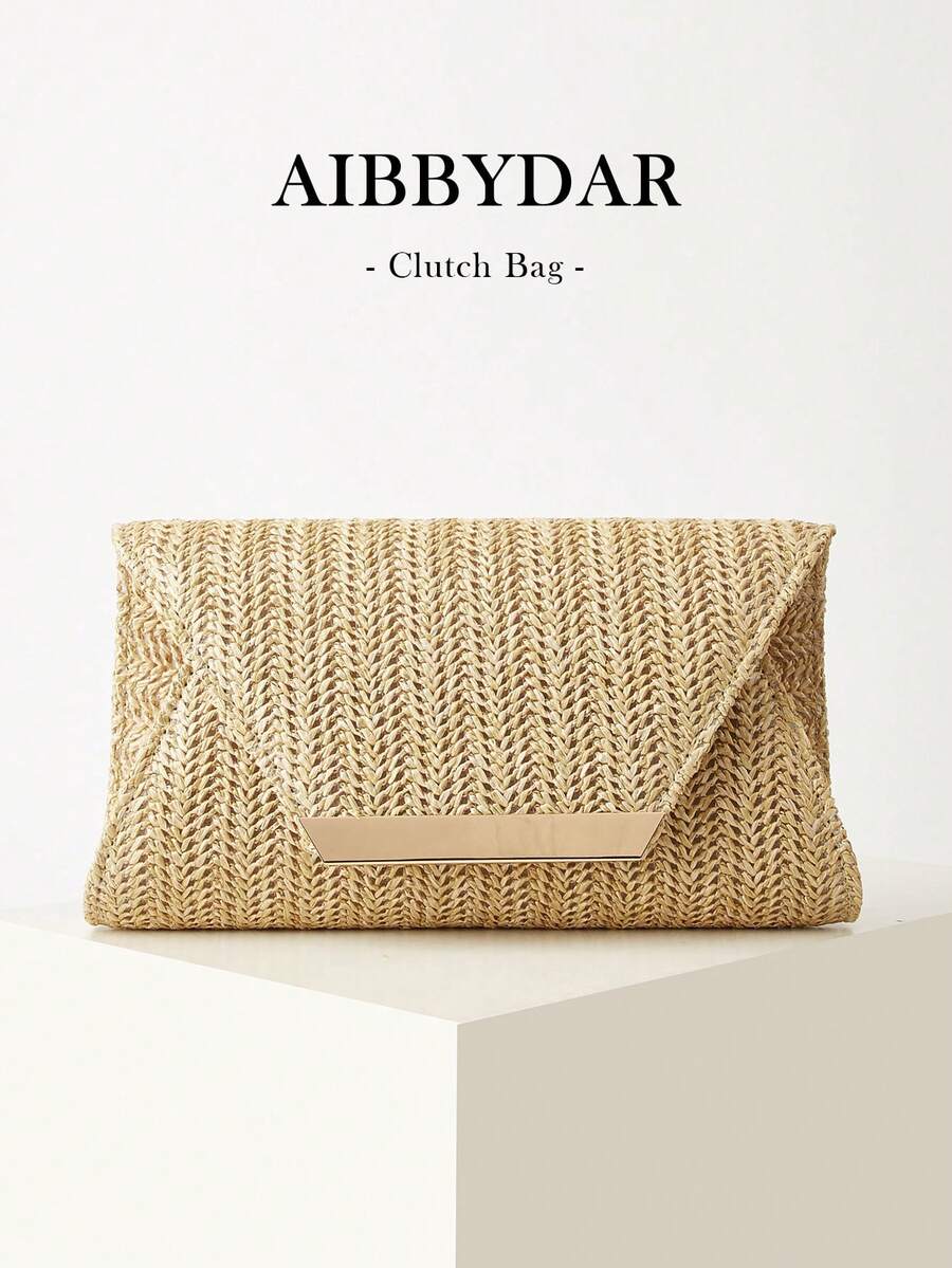 AIBBYDAR 女士手拿包，时尚编织翻盖信封包，适合假日、度假、夏季、海滩、商务通勤等场合，多功能斜挎包，休闲简约，海滩度假必备 - 卡其色 - 查看 1