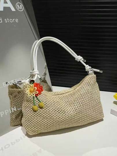 Woven Women's Shoulder Bag, Cute Floral Decor, Unique Design Versatile Commuter Handbag, Casual Minimalist Tote Bag For Summer