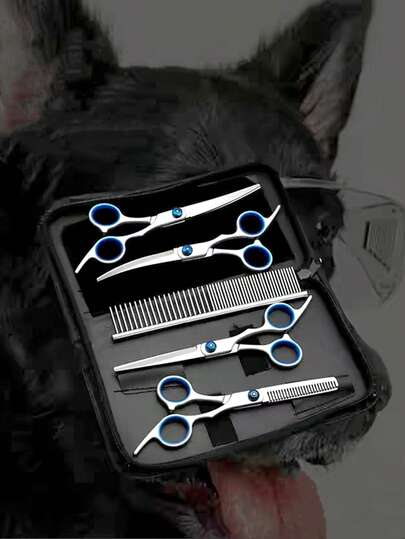 6pcs Professional Pet Grooming Stainless Steel Scissors Set, Suitable For Personal Use: Steel Comb, Straight Scissors, Nail Clippers, Hair Cutting Scissors Set