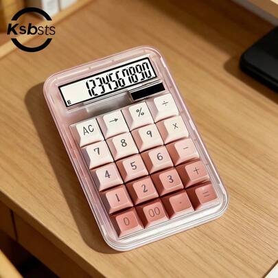 10位双电源计算器，太阳能+电池供电，渐变粉色按键，交流电清除功能，百分比计算，自动关机，透明外壳，小巧设计 - 不含电池