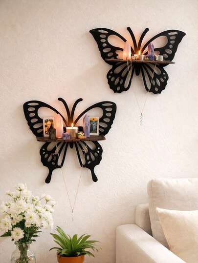 1 pieza Estantería de pared con forma de mariposa, estantería de pared de estilo bohemio para almacenamiento, decoración de pared creativa, decoración retro gótica para el hogar, decoración de pared colgante ahorradora de espacio, adecuada para sala de estar, dormitorio, entrada, pasillo, apartamento, oficina, estudio, rincón de lectura, espacio de meditación, estilo bohemio, estilo nórdico, arte de pared acogedor para decoración del hogar