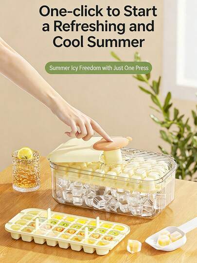 1pc Large Capacity Press-Type PP Plastic Ice Cube Tray, Contains 32/64 Squares,Transparent Storage Container With Lid, Beige Press-Type Design, Built-In Ice Scoop, One-Touch Release For Convenient Ice Removal, Airtight Seal To Prevent Odors, Suitable For Daily Home Use, Parties And Summer Beverages