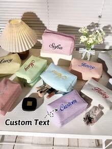 Personalized Bridesmaid Makeup Bag, Women's Large Capacity Mesh Makeup Bag, Bridesmaid Gift, Cosmetic Storage Pouch, Embroidered Letter Toiletry Bag, Embroidered Makeup Bag, Bridesmaid Makeup Bag, Bridesmaid Gift, Women's Gift, Personalized Gift, Wedding Party, Gift, Bridal Shower Engagement Gift, Casual Urban - Multicolor - View 3