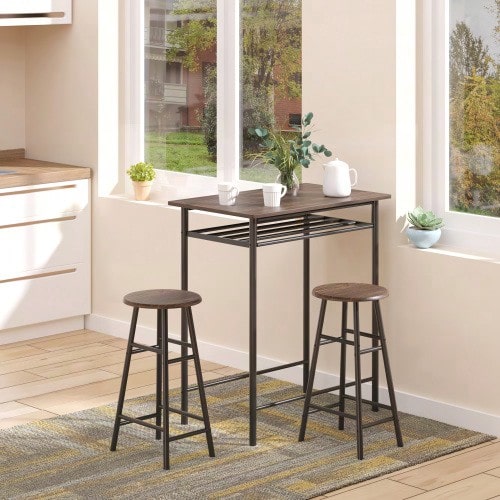 Bartisch Set 3-teilig Esstisch mit 2 Barhocker Essgruppe Küchentisch und Stühle Stehtisch und Barhocker mit Lagerregal Metall 80 x 50 x 90 cm Preto - Preto - Ver 1