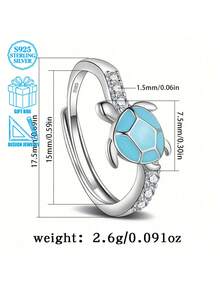 925纯银海龟造型可调节戒指，镶嵌锆石，个性化夏季海洋主题首饰 - 銀色 - 查看 3