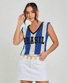 Women's National Team Knit Crochet Tank Top, Brazilcore Fashion, World Cup Fabric, Openwork, V-Neck, Fan Fashion, Comfortable Piece - 藍白色 - 查看 1