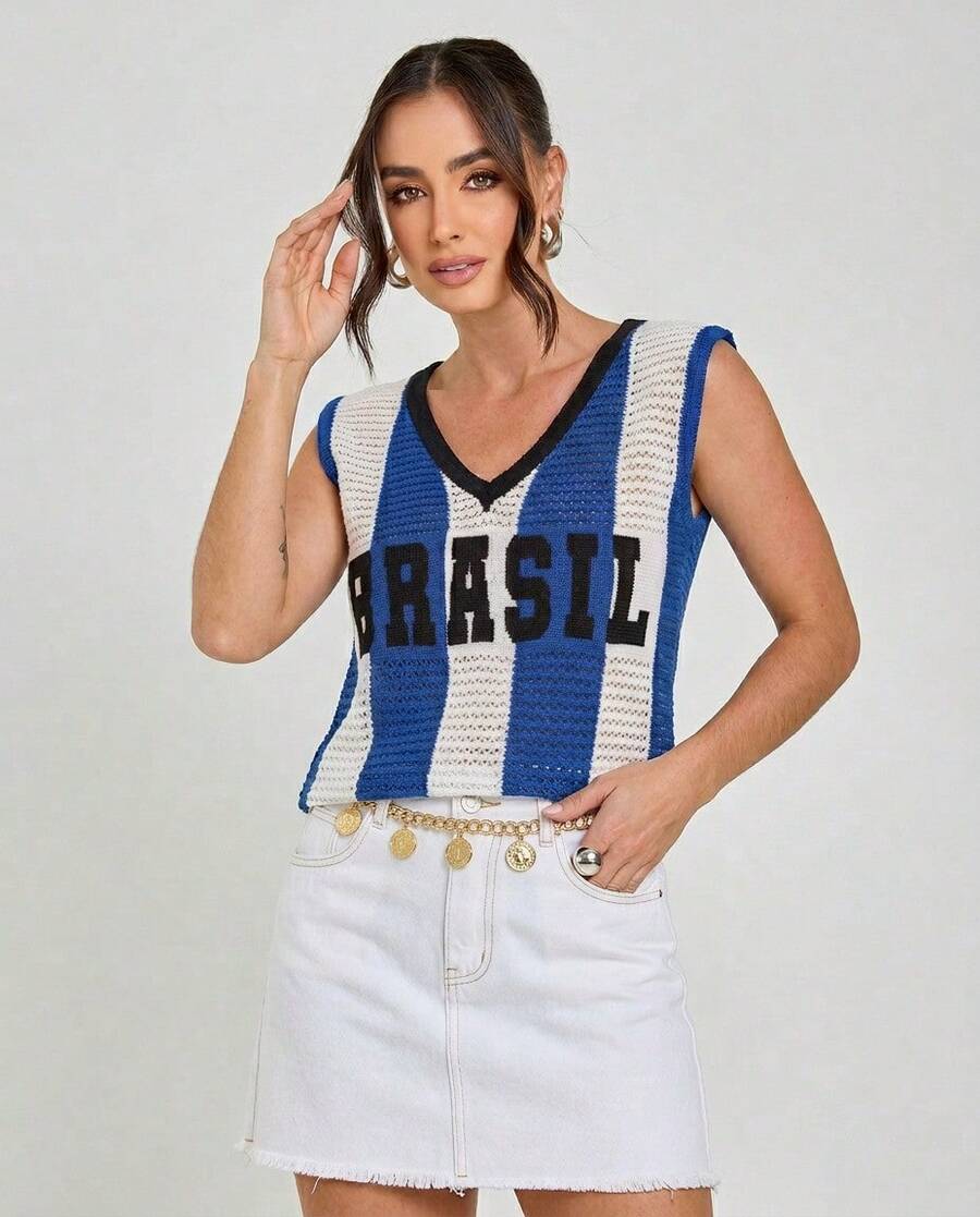 Women's National Team Knit Crochet Tank Top, Brazilcore Fashion, World Cup Fabric, Openwork, V-Neck, Fan Fashion, Comfortable Piece - 藍白色 - 查看 1