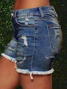 Women's Fashionable Distressed Frayed Hem Elastic Denim Shorts, Summer Casual Vacation - Dark Blue - 查看 4