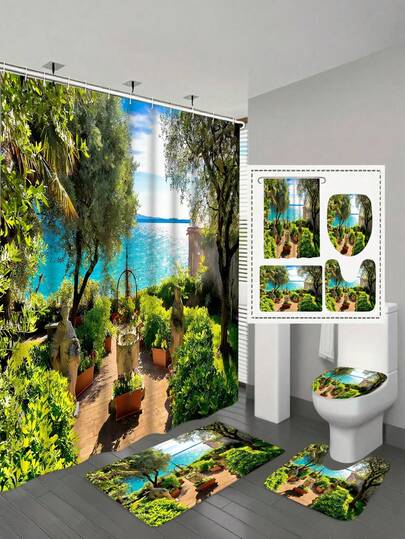 1/4 码风景浴帘套装，海景浴室帘，防水防霉浴帘，防水涤纶浴帘，防滑浴垫，U 型马桶垫，12 个挂钩 - 现代风格，适合家居装饰、浴室装饰及配件，易于清洁和维护，优雅的乔迁礼物 - 四季皆宜