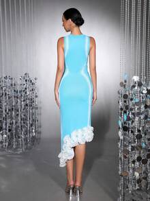 夏季新款3D立体花卉不对称荷叶边修身碎花无袖连衣裙，女士生日派对服装 - 藍色 - 查看 8