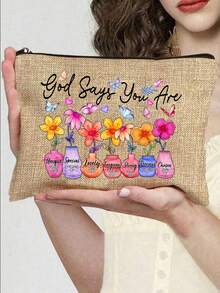 1 pieza Bolsa de maquillaje cristiana inspiradora | "Dios dice que eres único" Estampado floral religioso y versículo bíblico Organizador de viaje portátil con cremallera multifuncional | Disponible en varios colores | Adecuado para uso diario, viajes, playa, vacaciones, viajes de negocios, viajes al trabajo y vida universitaria | Regalo perfecto para damas en vacaciones/Pascua/Día de la Madre/Día de la Independencia/Temporada de bodas/Graduación/Aniversario/Cumpleaños - Multicolor - Ver 18