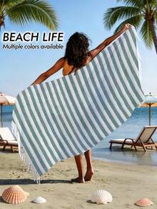 1pc/2pcs Set Striped Turkish Beach Towel - 39"X 71"/99 X 180 Cm Extra Large Sand-Proof Quick Dry Compact Cotton Beach Towel, Suitable For Beach, Bathroom, Swimming Pool, Travel, Yoga, Camping - Multicolor - View 18