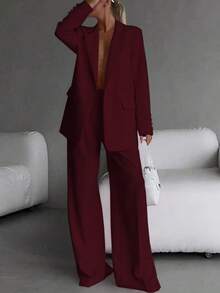 Elegant Business Casual Two-Piece Suit, Single Button Lapel Suit Jacket And Slim Fit Pants, Women's Clothing - Đỏ - Xem 1