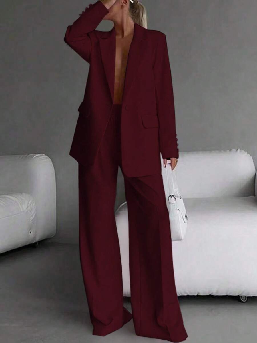 Elegant Business Casual Two-Piece Suit, Single Button Lapel Suit Jacket And Slim Fit Pants, Women's Clothing - Đỏ - Xem 1
