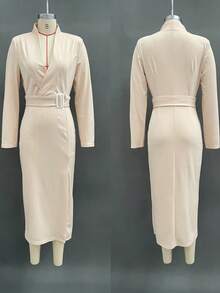 Women's Dresses 2026 Spring Autumn Elegant V-Neck Slim Fit Mid-Length Hip-Wrapped Slit Dress - 卡其色 - 查看 5