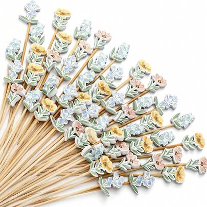50/100支装长款野花鸡尾酒签，竹签花卉饮品搅拌棒，适用于春季派对、开胃菜、婴儿派对、婚礼、情人节