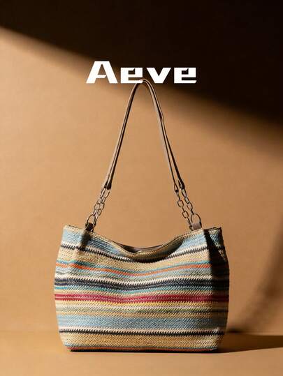 夏季新款波西米亚风条纹编织手提包，女士大容量通勤单肩包，草编材质沙滩度假包，时尚百搭超大容量包