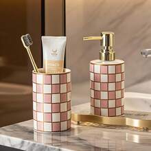 1 Pc 300Ml Ceramic Soap Dispenser Featuring A Multi-Colored Checkerboard Pattern, Designed In A Cylindrical Shape For Refilling. Ideal For Hand Soap, Shower Gel, Shampoo, And Lotion, It Is Perfect For Use In Homes, Kitchens, Bathrooms, And Hotels - Checkerboard Lotion Bottle - View 5