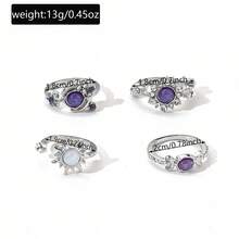 Conjunto de anillos de dedo con gemas en diseños geométricos de sol, luna y diamante para uso diario de mujeres - Multicolor - Ver 5