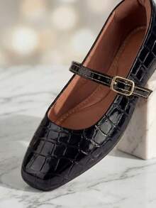 Women's Black Crocodile Patent Square Toe Pumps - Black - View 1