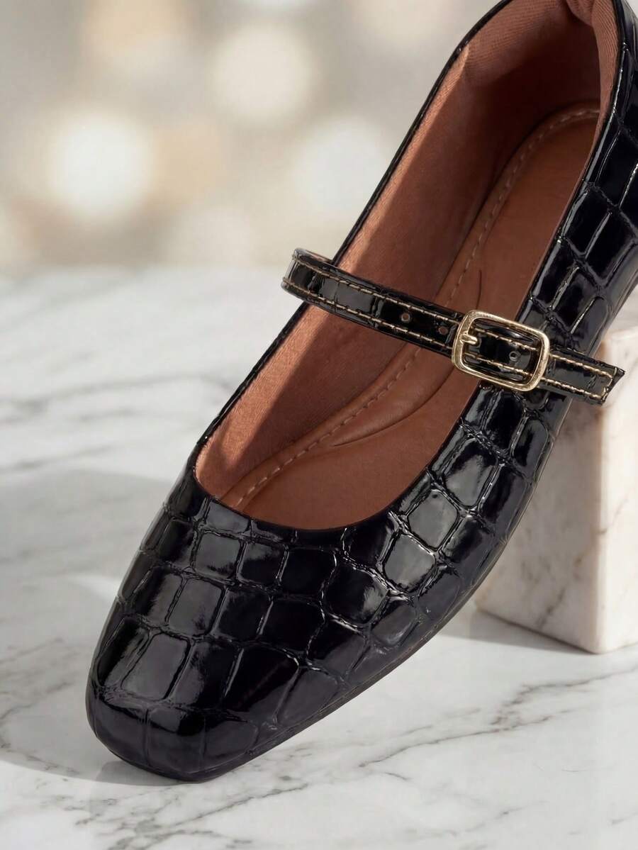 Women's Black Crocodile Patent Square Toe Pumps - Black - View 1