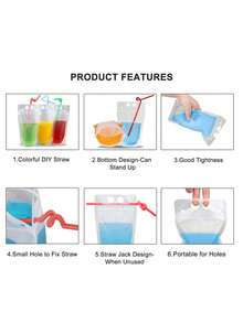 Semi-Transparent Zip Drink Bags With Handle And Straw Opening, Reusable Plastic Material For Cold Drinks, Cocktails, Wine. Portable Design Perfect For Outdoor Picnic, Holiday Party, Home Use. Sturdy Seal Prevents Leakage, Easy To Clean And Reuse For - 20pcs - View 3
