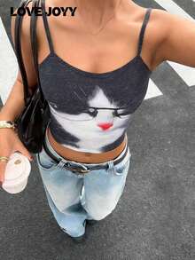 LOVY JOYY 戴眼镜猫咪印花吊带背心，女士学院风美学风格衬衫，适合日常穿着 - 黑色 - 查看 1