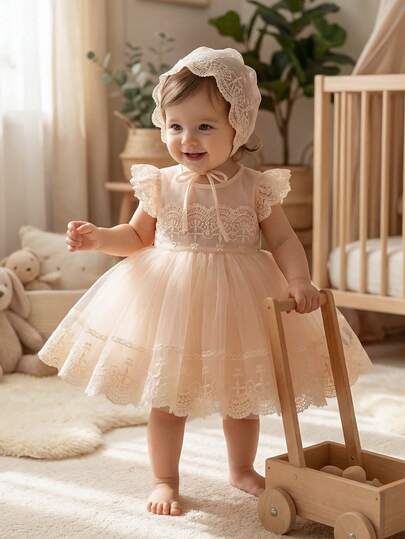 Baby Girl Champagne Christening Dress, Lace Embroidery Elegant Sheer Party Dress With Fluttering Sleeves, Cute Bow Tie Princess Gown, Suitable For Girl's Birthday Party, Wedding, Prom, Holiday Celebration