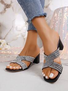 Glitter Decor Thick Sole High Heel Sandals - Girls' Chunky Heel Party Sandals - Black - View 2