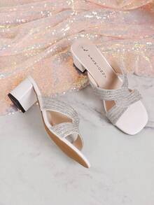 Glitter Decor Thick Sole High Heel Sandals - Girls' Chunky Heel Party Sandals - White - View 9