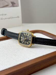 1 Peça Relógio Feminino Vintage Minimalista Casual Elegante com Pulseira de Couro PU e Caixa Oval, Mostrador Pequeno e Delicado Incrustado com Strass, Adequado para Uso Diário, Presente de Aniversário, Festa, Presente Ideal para Você ou Amigos, Sem Caixa de Relógio Incluída - Preto - Visão 6