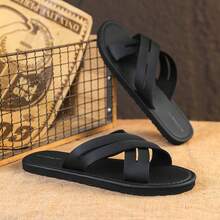 Dép lê da đen đơn giản dành cho nam năm 2026, dép đi ngoài trời chất lượng cao, đế mềm, đa năng, có thể mang nhiều lớp. - màu đen - Xem 3