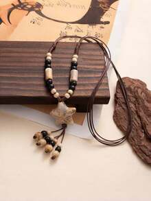 1pc Summer Dopamine Series Bohemian Colorful Beaded Starfish Necklace, Braided Rope Long Necklace Accessory, Best Gift For Valentine's Day And Beach Vacation - Multicolor - View 4