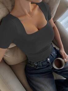 Top de manga corta con cuello cuadrado, elegante y versátil, adecuado para uso diario, ir al trabajo, salir, primavera & verano - Gris - Ver 5