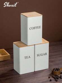 shoxil 3PCS/Set Square Coffee Storage Can, Coffee Bean Canister, Tea Canister, Sugar Canister, Bamboo Lid & Iron Body Container, For Coffee Beans, Tea Leaves, Snacks, Home Kitchens, Coffee Shops, Pantry Organization, Gift Giving - Multicolor - View 7