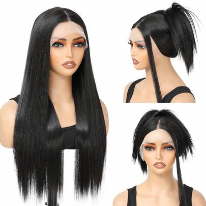 [باروكة الشعر الأمامي الصناعية] باروكة الشعر الأمامي للسيدات - 13X4 جبهة الدانتيل، شعر أسود طويل مستقيم، ألياف صناعية، تسريحة شعر أنيقة متعددة الاستخدامات، مناسبة للاستخدام اليومي والمناسبات الخاصة، للنساء من جميع الأعراق، ملمس ناعم