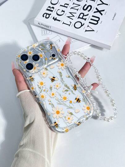 1个极简主义蜂蜜雏菊印花植物春季元素加厚透明防摔手机壳，搭配白色仿珍珠蝴蝶结挂绳，适合自用或送礼，兼容 11/12/13/14/15 Pro Max、Galaxy A04/A05/A13/A14/A15/A24/A25/A35/A54/A55/S23/S24