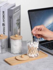 10盎司棉签/棉球/化妆棉收纳盒，带梳妆托盘、棉签和药片收纳盒、透明浴室收纳盒，3包带木盖。 - 彩色 - 查看 4