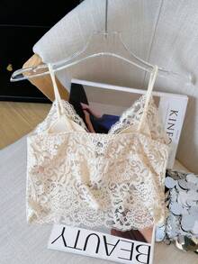 性感蕾丝V领带垫吊带背心，修身露背短款女式上衣 - 杏色 - 查看 7